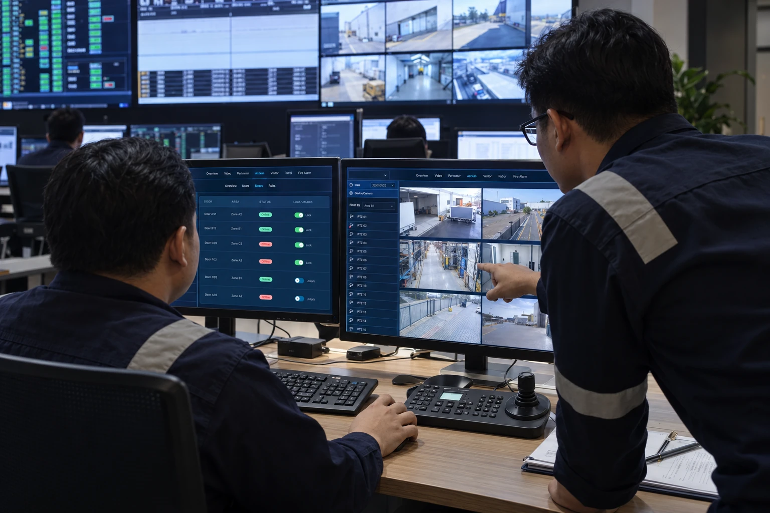 Illustrative Alspace scene: manufacturing security operators review video and access activity, with an operator pointing to a camera view.