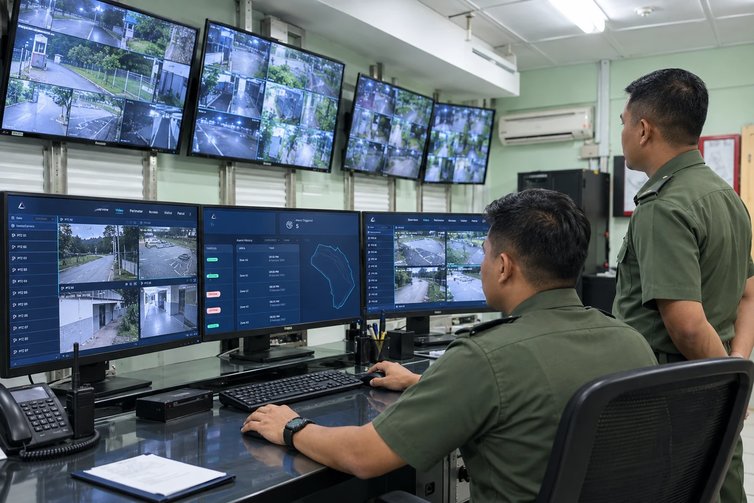 Illustrative Alspace scene: two defence operators review perimeter cameras and security status at a control-room console.