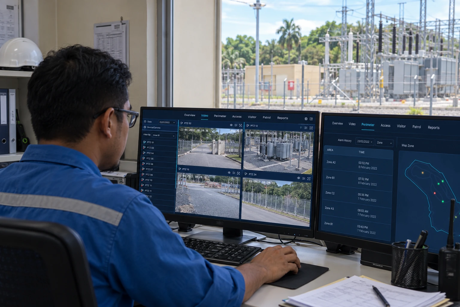 Illustrative Alspace scene: an engineer monitors substation cameras and perimeter status beside a window overlooking electrical infrastructure.