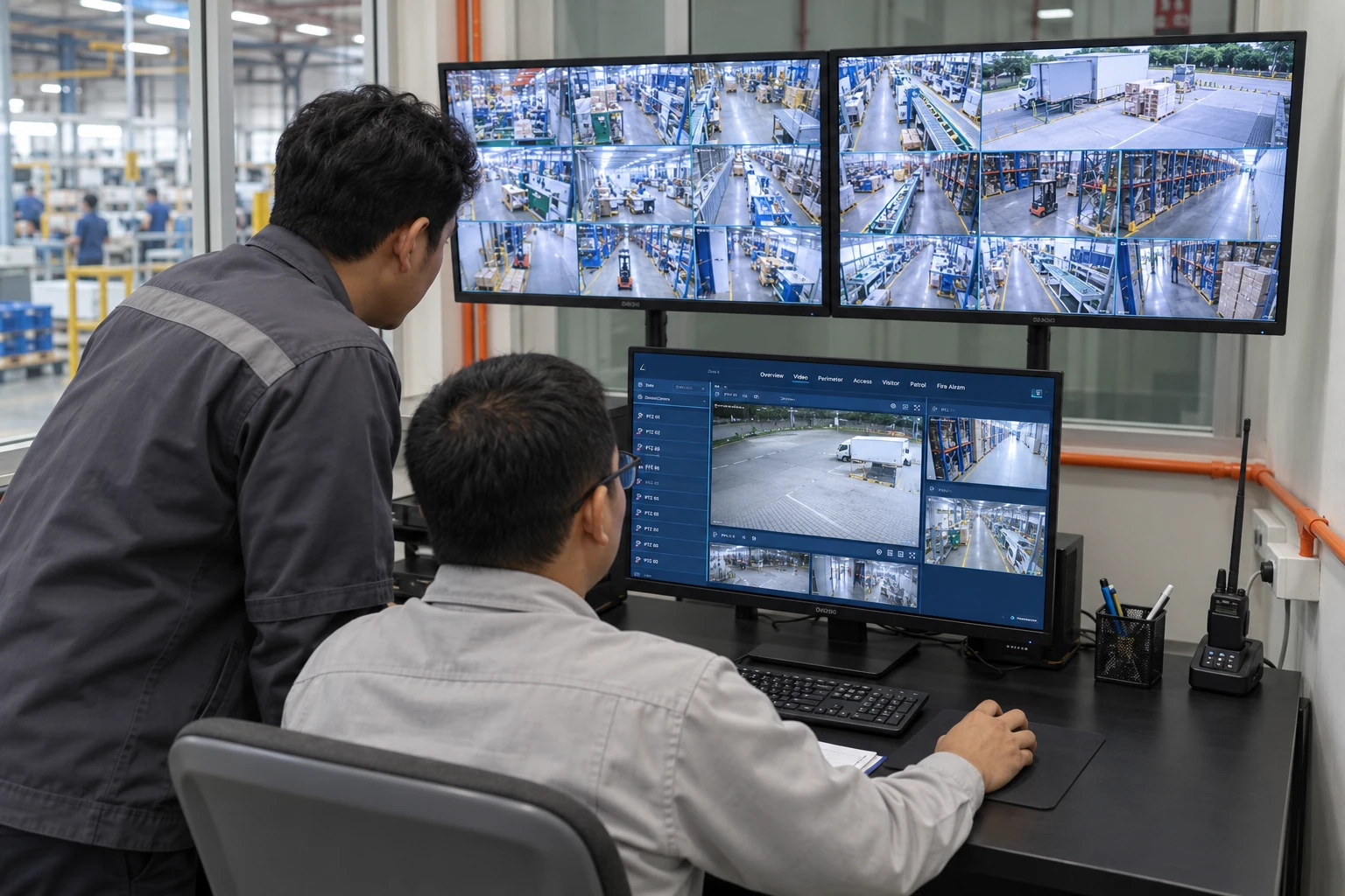 Illustrative Alspace scene: factory staff review production-floor and loading-area cameras at a security workstation.