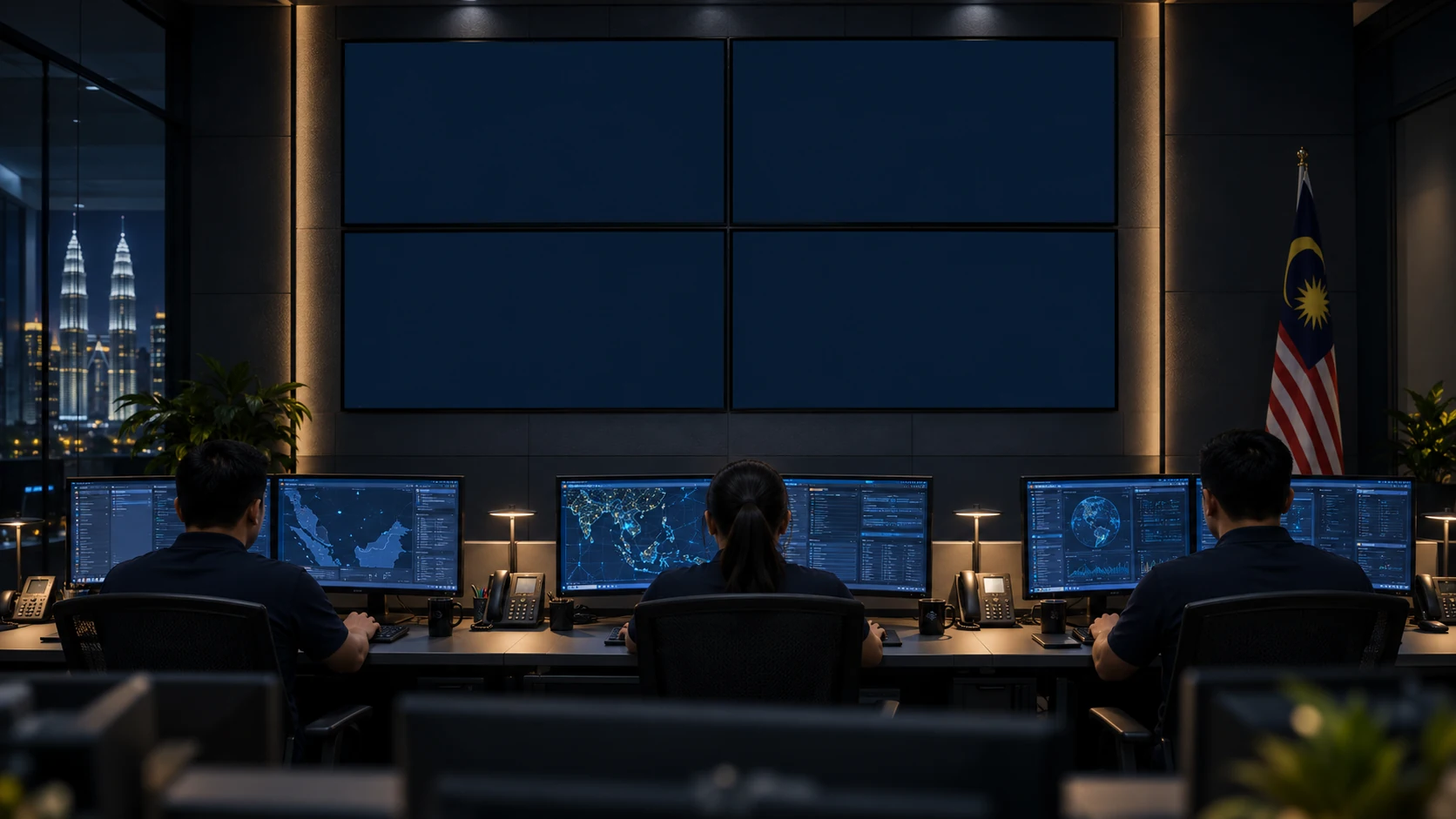 Illustrative control room with three operators working at Alspace security displays